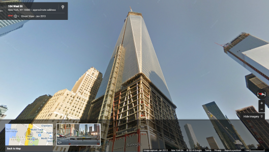 A view of 1 World Trade Center in New York City in 2013, from Google Street View (maps.google.com)